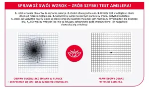 Test Amslera pokazuje zniekształcone linie i mroczek, sugerując problemy ze wzrokiem. Prawidłowy obraz jest prosty.