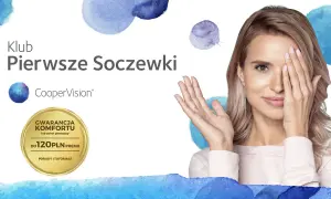 Kobieta zakrywająca jedno oko dłonią, logo CooperVision i oferta "Gwarancja komfortu do 120 PLN".