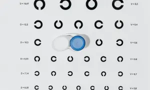 Tabela optometryczna z pierścieniami Landolta i pojemnikiem na soczewki kontaktowe.