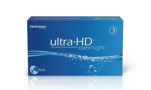Opakowanie soczewek kontaktowych ultra-HD overnight, z symbolem "3" i kroplami wody.