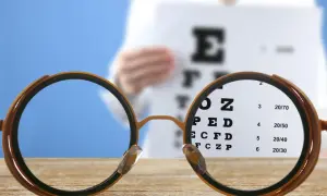 Okulary zbliżają tablicę Snellena z literami i cyframi.