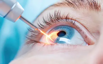 Laserowa irydotomia oka, która może powodować zaburzenia widzenia po zabiegu.
