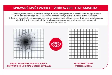 Test Amslera pokazuje zniekształcone linie i mroczek, sugerując problemy ze wzrokiem. Prawidłowy obraz jest prosty.