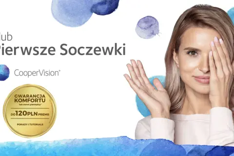 Kobieta zakrywająca jedno oko dłonią, logo CooperVision i oferta "Gwarancja komfortu do 120 PLN".