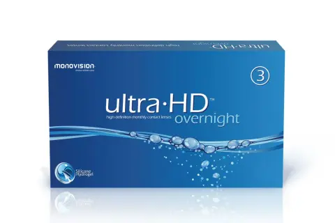 Opakowanie soczewek kontaktowych ultra-HD overnight, z symbolem "3" i kroplami wody.