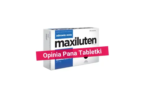 Maxiluten - czy poprawia wzrok? Opakowanie suplementu diety na zdrowe oczy, z hasłem "Opinia Pana Tabletki".