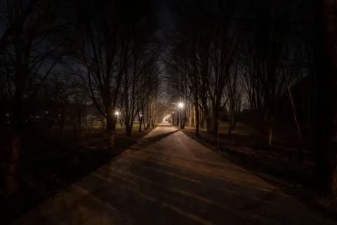Aleja drzew nocą, oświetlona latarniami. Ciemność i długie cienie tworzą atmosferę kurzej ślepoty, jakby światło ledwo przebijało się przez gęstwinę.