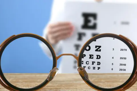 Okulary zbliżają tablicę Snellena z literami i cyframi.