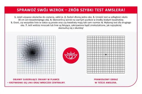 Falowanie obrazu w oku może być objawem zmian w plamce. Test Amslera pokazuje zniekształcone linie, sugerując problemy ze wzrokiem.