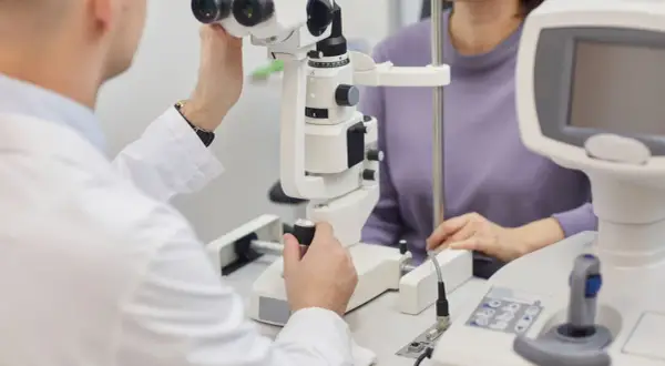 Okulista bada pacjentkę, która może mieć neuropatię nerwu wzrokowego.