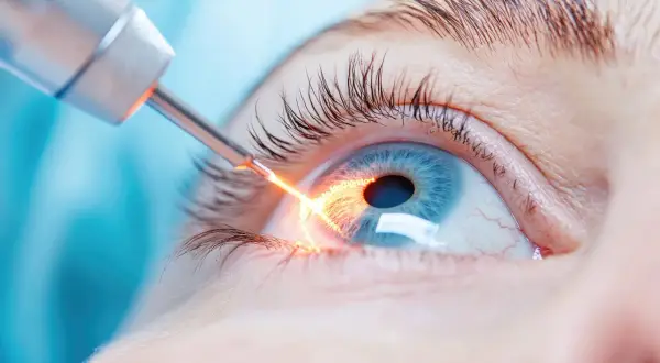 Laserowa irydotomia oka, która może powodować zaburzenia widzenia po zabiegu.