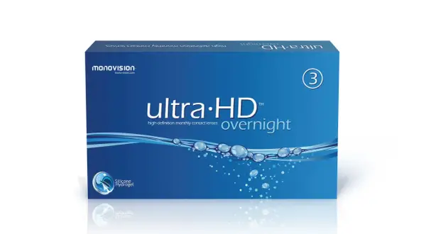 Opakowanie soczewek kontaktowych ultra-HD overnight, z symbolem "3" i kroplami wody.