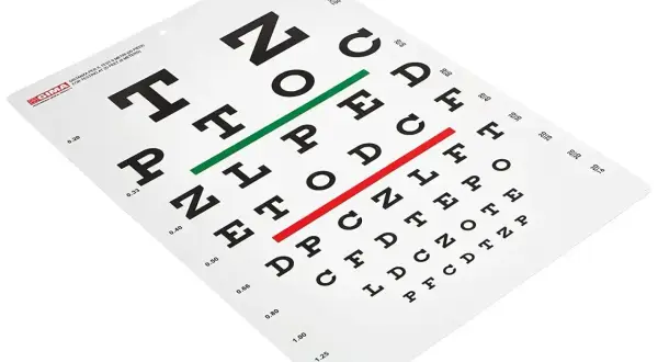 Tablica Snellena z literami, używana do badania wzroku u okulisty.