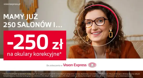Uśmiechnięta kobieta w okularach, promocja -250 zł na okulary korekcyjne w Vision Express.