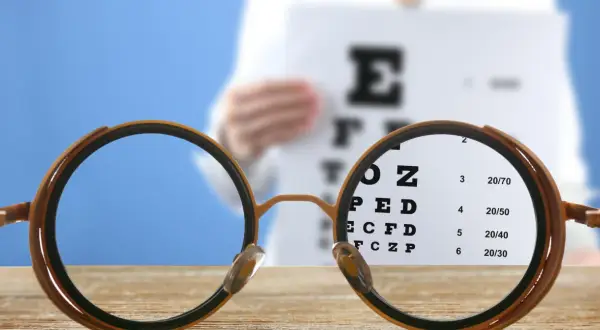 Okulary zbliżają tablicę Snellena z literami i cyframi.