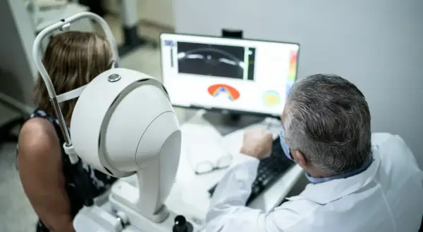 Lekarz bada pacjentkę za pomocą urządzenia do angiografii oka. Dowiedz się, jak się przygotować do badania.