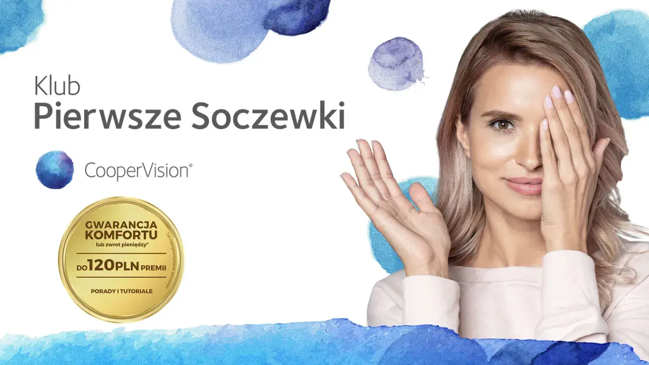 Kobieta zakrywająca jedno oko dłonią, logo CooperVision i oferta "Gwarancja komfortu do 120 PLN".