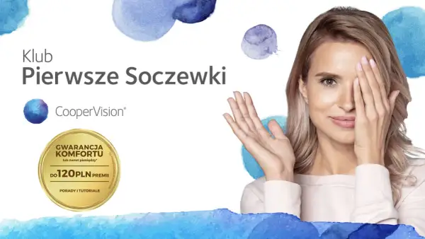 Kobieta zakrywająca jedno oko dłonią, logo CooperVision i oferta "Gwarancja komfortu do 120 PLN".