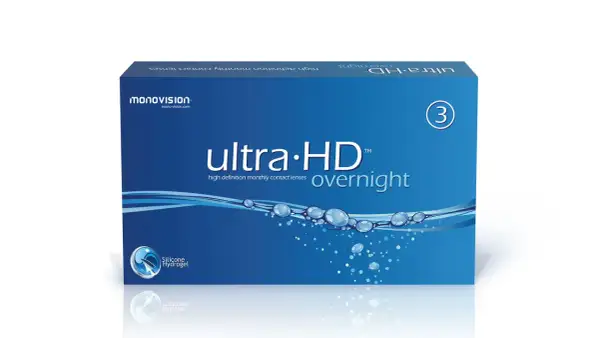Opakowanie soczewek kontaktowych ultra-HD overnight, z symbolem "3" i kroplami wody.