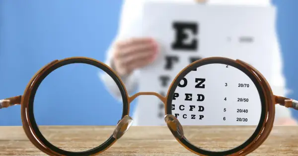 Okulary zbliżają tablicę Snellena z literami i cyframi.